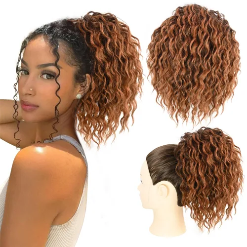 Miniatura 10 de Extension de cabello con moño desordenado, textura Yaki, con cabello suelto, ondulado y rizado, corto, con cordón de ajuste, extensiones de cola