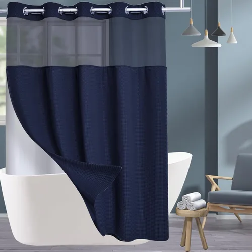 Miniatura 14 de Conbo Mio Cortina de ducha sin ganchos de tela de gofre con forro extraíble, lujosa para hotel, azul oscuro, para baño con ventana transparente