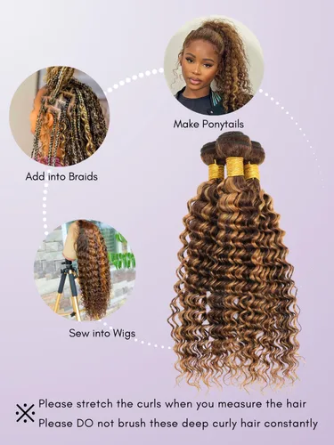 Miniatura 7 de P4/27 Cabello Humano Solitario de Onda Profunda con Reflejos Rubios Miel, 12A 100% Tejido Brasileño Virgen Ondulado Grueso con Mechas Ombre Marrón