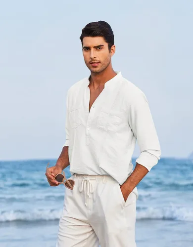 Miniatura 7 de COOFANDY Camiseta de lino Henley de manga larga para hombre, estilo hippie, de algodón, playeras
