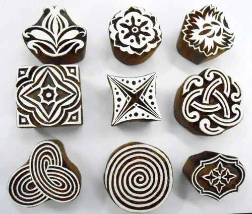 Craftsofindia® - Lote al por mayor de 9 sellos de madera para impresión textil/álbumes de recortes/tatuaje de henna