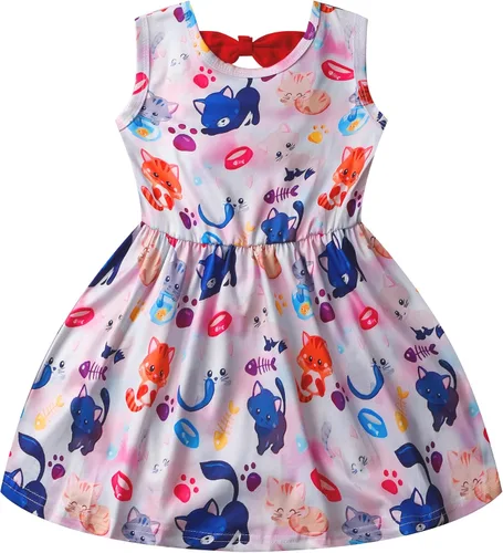 Miniatura 11 de Popshion Vestidos de verano para niñas con estampado de leopardo, vestido con lazo en la espalda, ropa de dinosaurio, sin mangas, para niños