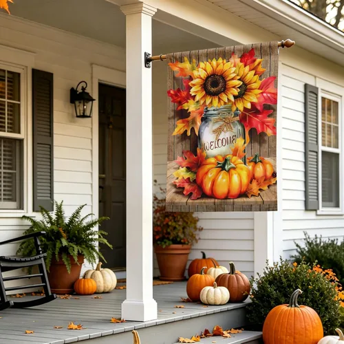 Miniatura 5 de Fall Garden Flags Thanksgiving Sunflower Pumpkin Printing House Flag Welcome Autumn Maple Leaves Yard Flags for Outside Mason Jar Pattern Floral