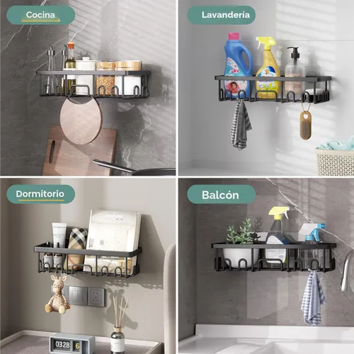 Miniatura 8 de Veken Paquete de 3 organizadores de ducha, diseño avanzado a prueba de óxido, estantes adhesivos sin perforaciones, estante con soporte para jabón