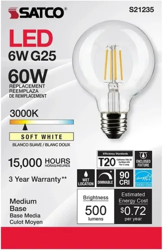 Miniatura 5 de Satco Bombillas LED G25 de 6 W, 3000 K blanco suave, 500 lúmenes, base media E26, regulable, ubicación húmeda, paquete de 6