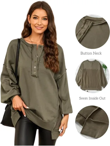 Miniatura 36 de AlvaQ - Sudadera de gran tamaño para mujer, informal, de manga larga, con botones y cuello Henley, tipo túnica