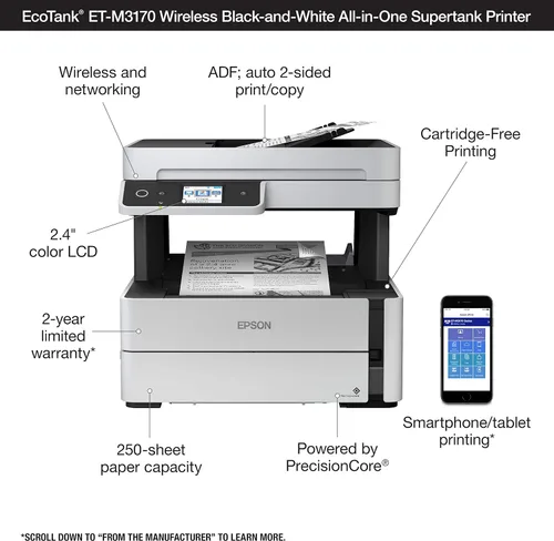 Miniatura 4 de Epson EcoTank ET-M3170 Impresora Supertank inalámbrica monocromática todo en uno con ADF, fax y Ethernet más 2 años de tinta ilimitada*