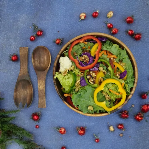 Miniatura 2 de Juego de ensaladera de madera de acacia – 9” Cuenco redondo artesanal con 2 servidores de madera, vajilla rústica y duradera para ensaladas, frutas