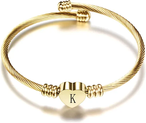 Pulseras de acero inoxidable ampliables para mujeres y niñas, con inicial de corazón chapado en oro