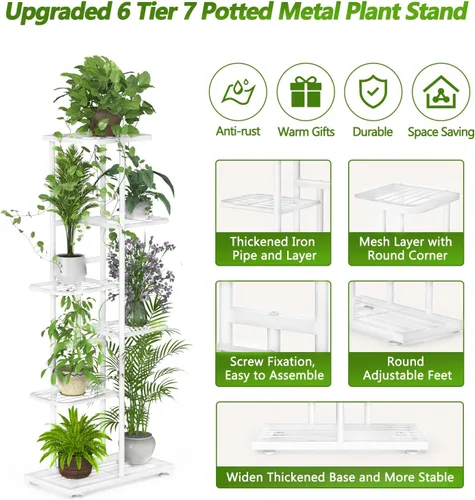 Miniatura 2 de Soporte para plantas de 6 niveles y 7 macetas para interiores con herramientas y guantes de jardinería, organizador de estantes de metal esquineros