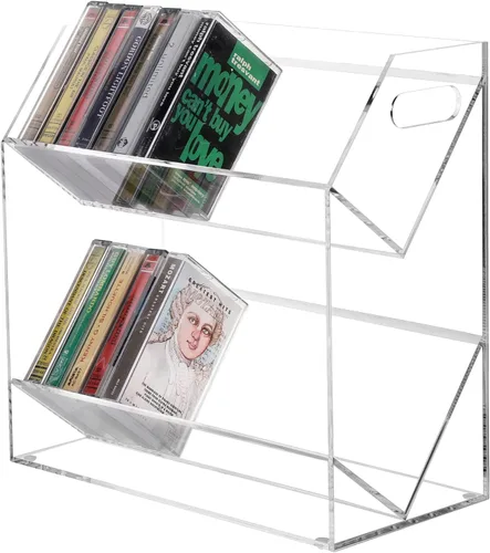 Miniatura 8 de MyGift Soporte para casetes compactos de acrílico negro de 2 niveles con asas de transporte recortadas, cintas de casete de audio retro, soporte