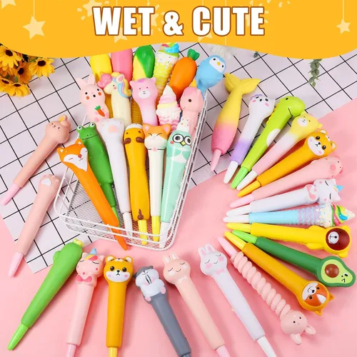 Miniatura 3 de PerKoop 40 bolígrafos blandos Kawaii con recambios, suministros de estrés para apretar, tinta de gel estacionaria de animales de dibujos animados