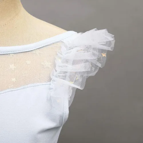 Miniatura 4 de IDOPIP Leotardo con falda de tutú de estrella con purpurina para niñas, manga con volantes, vestido de bailarina, traje de gimnasia