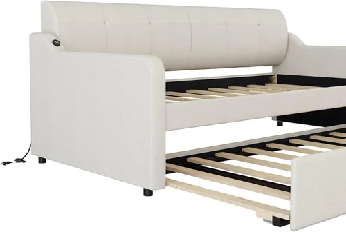 Miniatura 7 de MERITLINE Sofá cama de tapicería de tamaño individual con nido y diseño de carga USB, nido puede ser plano o erigido, sofá cama con tablas,