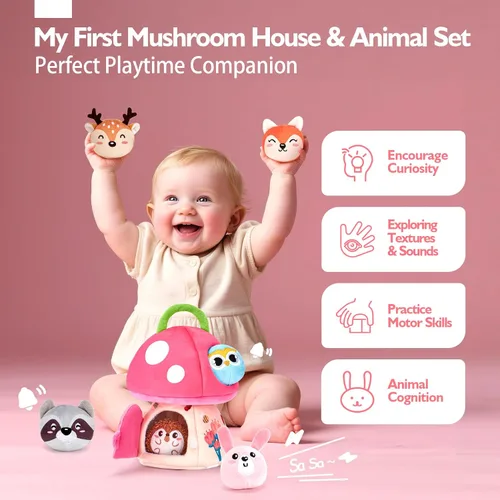 Miniatura 2 de hahaland Juguetes para bebés de 6 a 12 meses – Juguetes Montessori para niña de 6 meses, mi primera casa de hongos con animales rellenos