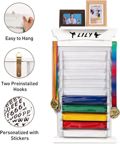 Miniatura 4 de Tilhumt 10/12 Belts Karate Belt Display Rack with Photo Shelf, Felt Taekwondo Belt Display Rack Martial Arts Belt Display for Adults TKD, BJJ Blanco