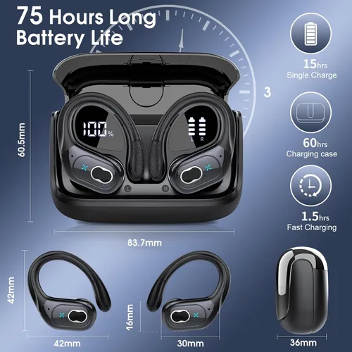 Miniatura 4 de Auriculares inalámbricos Bluetooth 5.4 de 75 horas para deporte, auriculares Bluetooth 2025 estéreo con graves profundos sobre la oreja con ganchos