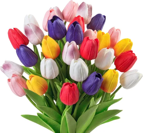 Ouddy Decor 30 piezas de tulipanes artificiales, flores artificiales de poliuretano de tacto real, tulipanes falsos para ramo de primavera y verano,