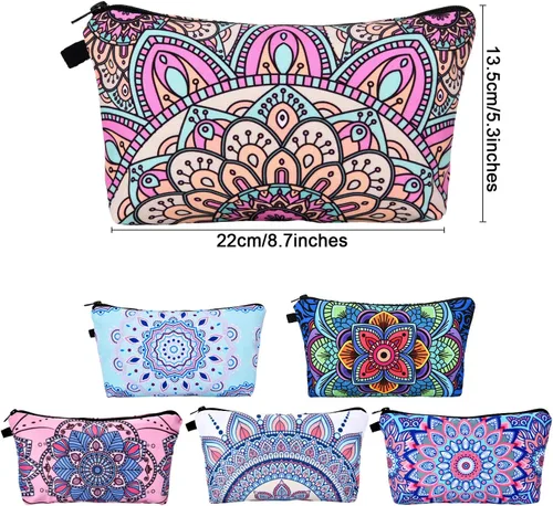 Miniatura 2 de 6 piezas bolsa de maquillaje bolsa de aseo impermeable, bolsa de cosméticos con dibujos de flores, mandalas, patrones de flores, llamas, unicornios