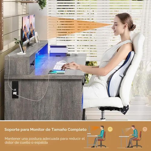 Miniatura 4 de BTHFST Escritorio ejecutivo estilo granja con cajón para archivos, escritorio para computadora con estación de carga y luces LED, escritorio de Gris