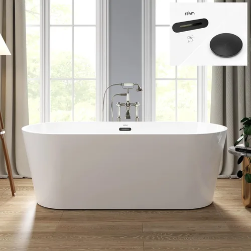 Miniatura 33 de FerdY Shangri-La - Bañera de acrílico independiente de 67 pulgadas, bañera de remojo de acrílico de forma ovalada clásica con desagüe de níquel
