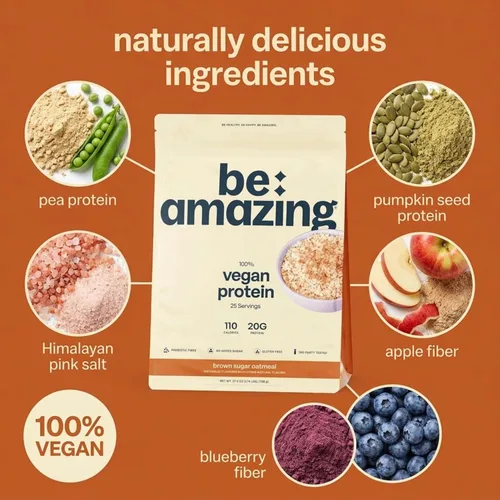 Miniatura 5 de BE AMAZING Proteína vegana en polvo, avena de azúcar morena, 0.71 onzas de proteína de guisante a base de plantas, fibra prebiótica, baja