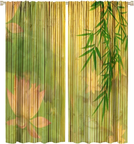 Miniatura 65 de Cortinas con estampado de bambú, tallos y hojas de bambú, temática oriental natural, oscurecimiento de habitación, ventana, ventana, cortina