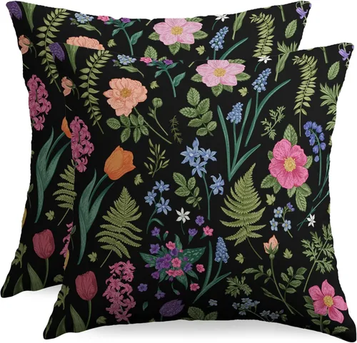 Juego de 2 fundas de almohada con estampado botánico vintage floral de 16 x 16 pulgadas, color negro, rosa, azul, verde salvia, flor de primavera,