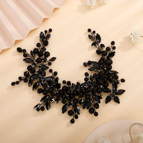Teyglen Diadema de flores delicadas con strass negros, diadema de cristal con perlas para novia, diadema de novia, vid de cabello, accesorios de