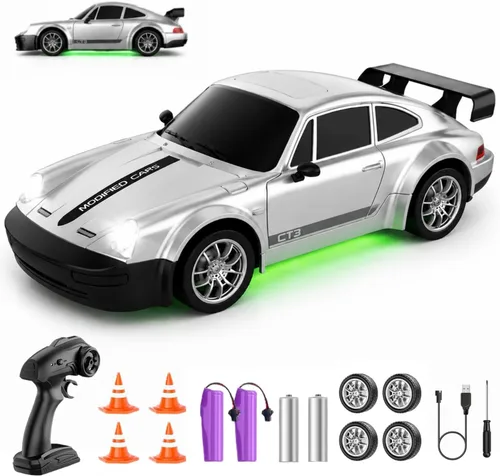 Coche RC Drift, Coche de Control Remoto a Escala 1:24 con Luces LED, 2.4GHz 20KM/H 4WD Coches RC de Alta Velocidad, Coche de Juguete de Modo Dual de