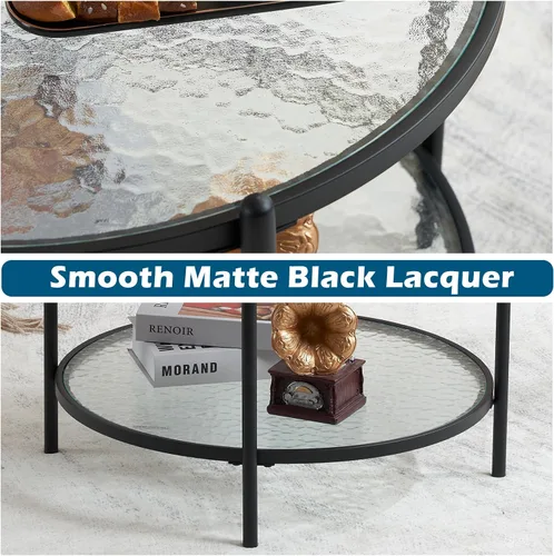 Miniatura 5 de VINGLI 65 cm Mesa pequeña redonda de centro de vidrio de onda de agua en negro mate, mesa central con diseño de almacenamiento moderno de 2 niveles