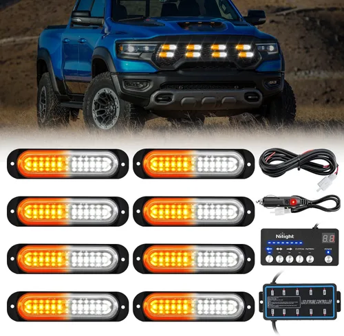 Miniatura 31 de Nilight 8 piezas de luces estroboscópicas LED 12 LED ámbar blancas, luz de emergencia 12 V 24 V, luz de advertencia de peligro con función
