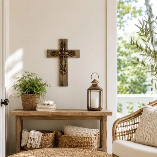 Miniatura 4 de Comfy Hour Cruz de pared decorativa en capas de 13 pulgadas, cruz de tono cobre estilo antiguo sobre base de aspecto de madera rústica, placa