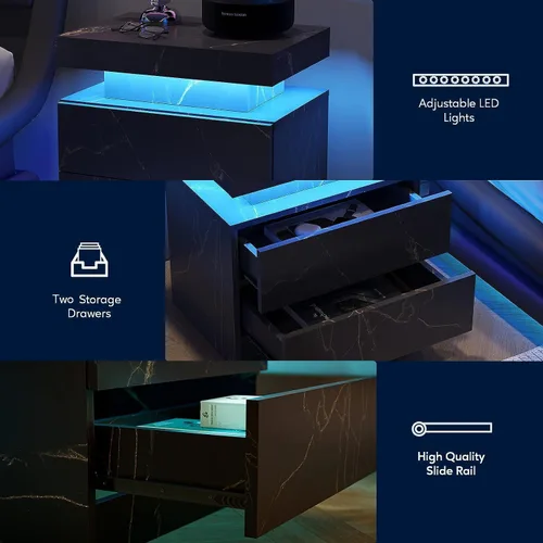 Miniatura 4 de Mesita de noche LED para dormitorio, moderna madera con 2 cajones, mesita de noche negra y dorada, mesa auxiliar con luz LED ajustable