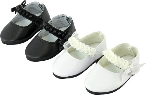 Miniatura 11 de American Fashion World Zapatos planos con lazo de diamante metálico rosa intenso, lavanda y verde azulado para muñecas de 14 pulgadas, paquete de 3