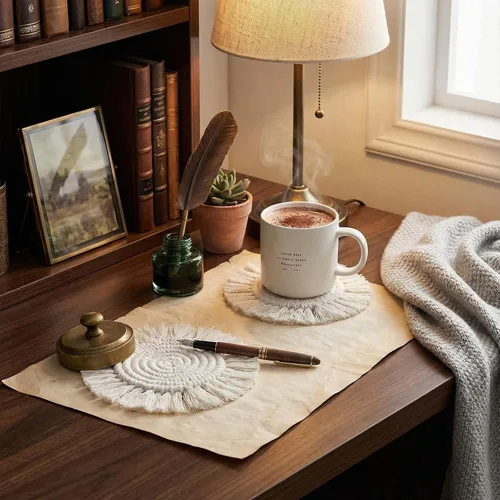 Miniatura 7 de Posavasos bohemios de 7.4 pulgadas para bebidas, posavasos absorbentes tejidos hechos a mano para escritorio, bonitos posavasos de granja para tazas