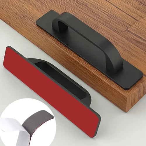 Miniatura 10 de Paquete de 2 manijas planas autoadhesivas de 5 pulgadas de 5.039 in, color negro mate, con placa base, tiradores de gabinete de aluminio