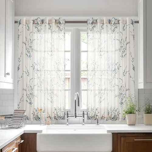 Miniatura 29 de MYSKY HOME Cortinas florales de cocina de 24 pulgadas, cortinas de lino con patrón de flores de granja, bolsillo para barra de filtro de luz aireado