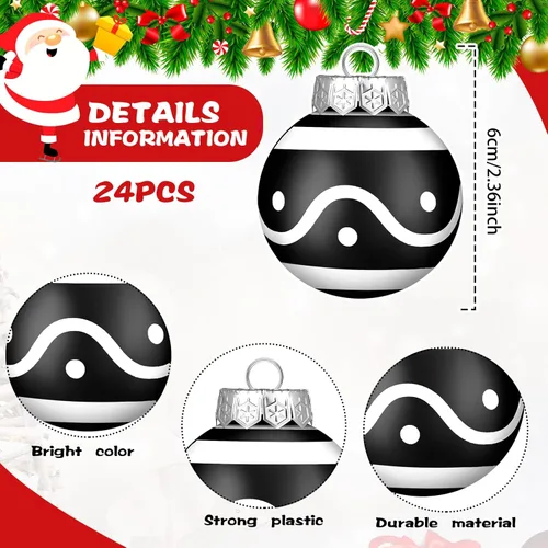 Miniatura 3 de Chuangdi 24 piezas Adornos de bola de Navidad para árbol, decoraciones de árbol de Navidad en negro y blanco, adornos modernos de bola colgante
