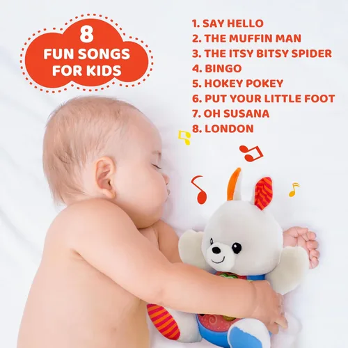 Miniatura 4 de KiddoLab Juguete de peluche de conejo de Pascua, animal de peluche musical con 3 botones iluminados, 8 divertidas rimas y efectos de sonido, relleno
