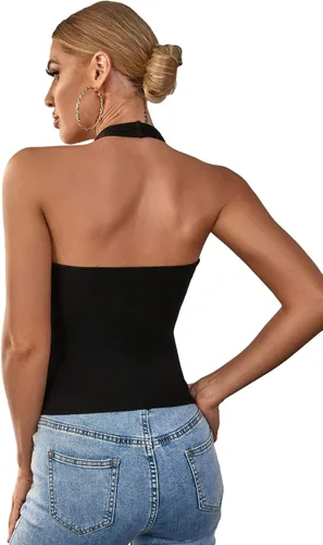 Miniatura 2 de SheIn Camiseta sin mangas con cuello halter para mujer, estilo casual, de punto acanalado