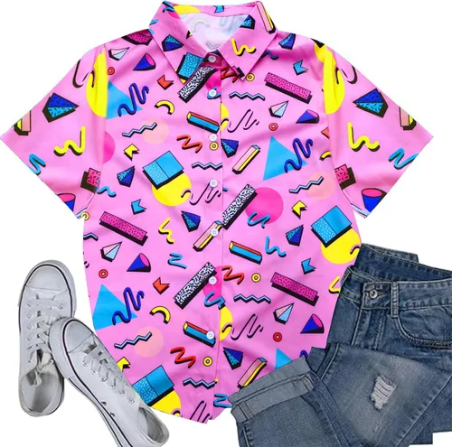 Miniatura 4 de Trajes de los años 80 y 90 para mujer, camiseta temática de fiesta de los años 80, camisas hawaianas con botones de los años 90, camisetas retro