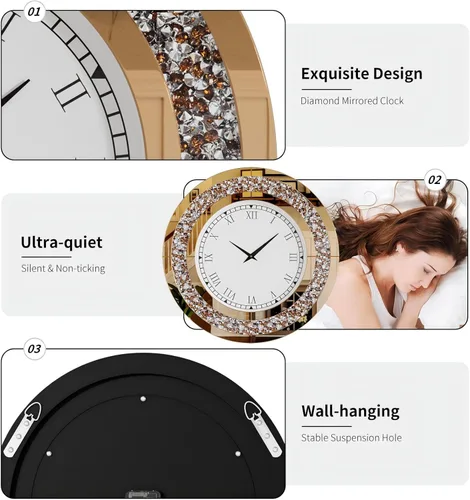 Miniatura 3 de Reloj de pared de diamante triturado redondo decorativo con espejo de 24 pulgadas, color marrón