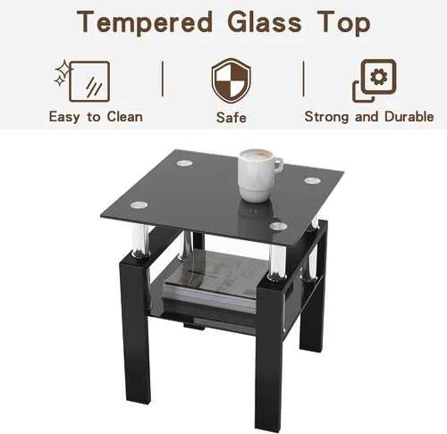 Miniatura 4 de Mesa auxiliar moderna de vidrio templado, mesa de centro cuadrada para sala de estar, mesa de té de cristal, mesa auxiliar de sofá (negro, 1 unidad)