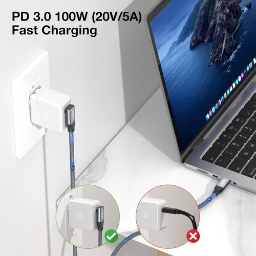 Miniatura 4 de Cable de datos USB C en ángulo descendente, 20 Gbps 90 grados en ángulo USB C 3.2 Gen2x2, cable de video 4K @144, cable de carga rápida PD de 100 W