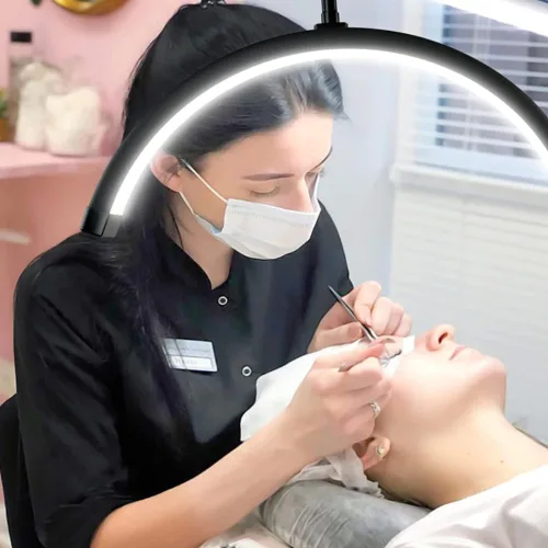 Miniatura 5 de Lámpara LED regulable para pestañas de pie, luz de tatuaje ajustable con tonos cálidos y fríos, lámpara de media luna con diseño de halo giratorio