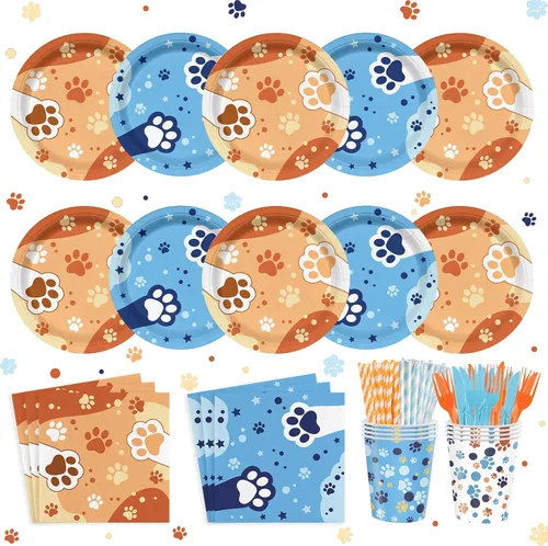 168 piezas de suministros de fiesta de cumpleaños de perro azul naranja para niños y niñas, niños de 1 a 2 años, decoración de fiesta de babyshower