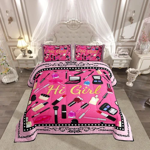 Miniatura 53 de Castle Fairy Rose Lipstick Bedding Set Elegant Quilted Comforter Set Twin Size,Women Cosmetic Duvet Insert with 1 Pillow Sham for Kids Boys Girls