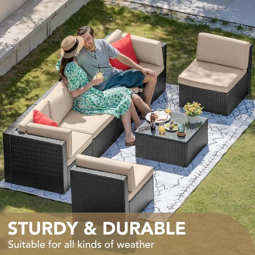 Miniatura 2 de Devoko Juego de 7 muebles seccionales para exteriores para sofá de patio, tejido manual, mimbre de mimbre, juegos de conversación para patio