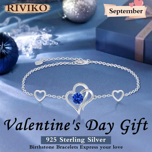Miniatura 2 de RIVIKO Pulsera con dije de corazón de amor para mujer, plata de ley 925 con circonitas de piedra natal, eslabones ajustables para madre, esposa